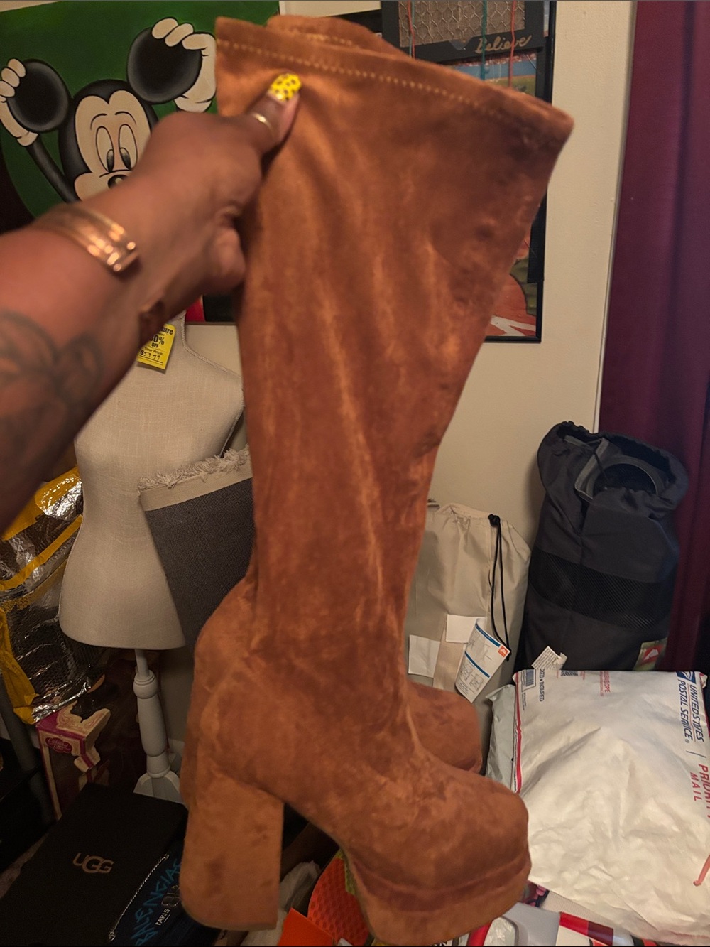 Women's Suede Platform Knee-High Boots - Brown